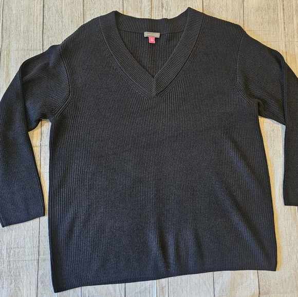 Vince Camuto Women's Size 2X Black Varsity V-neck Knit Sweater Cozy Comfort - Picture 1 of 6